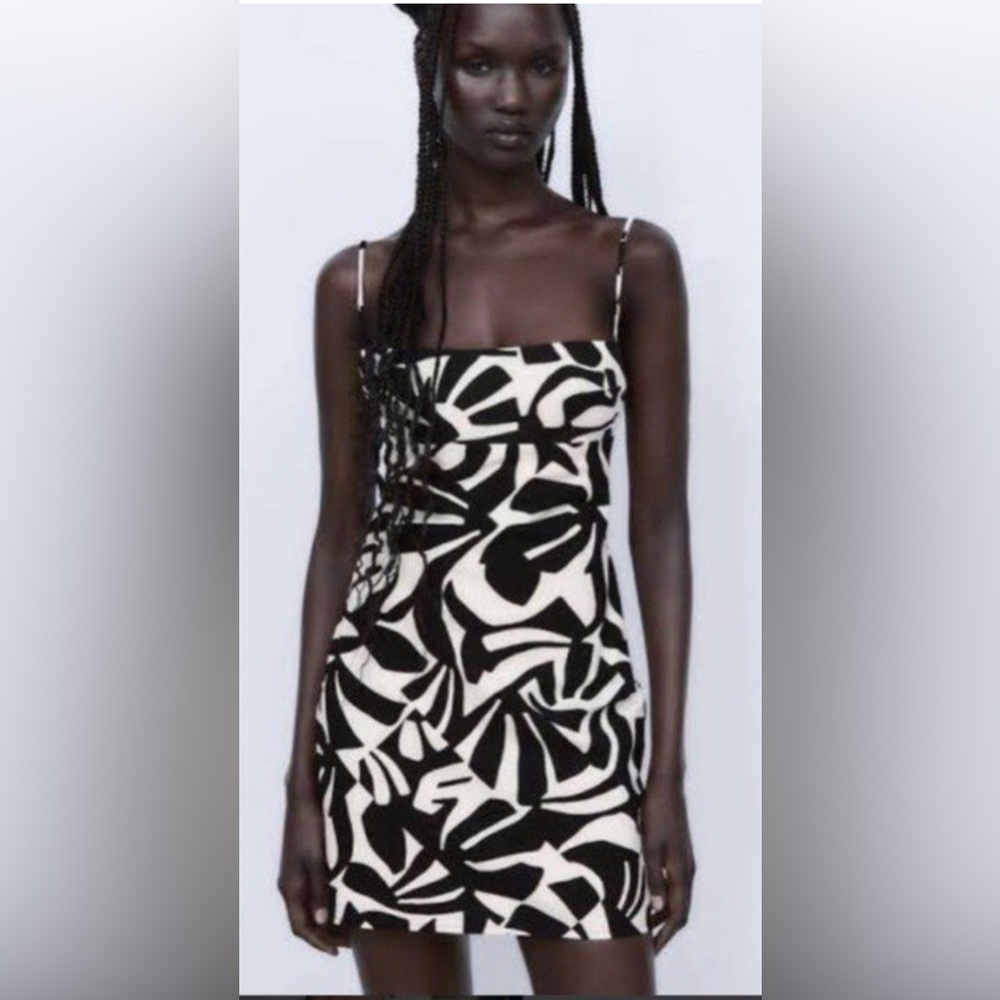 NWT Zara printed linen blend Monochrome Abstract Pattern Dress